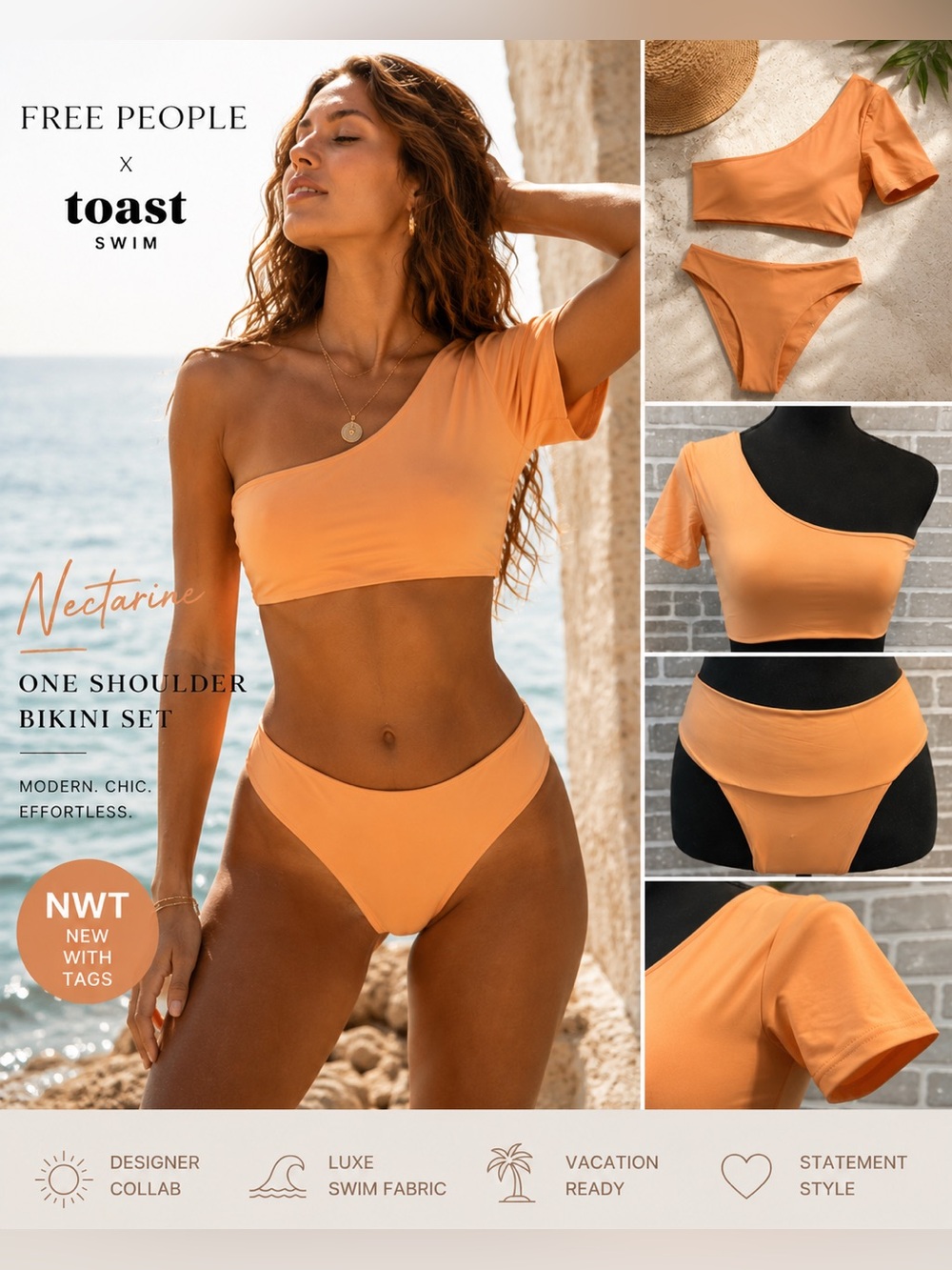 NWT Free People x‎ Toast Swim One Shoulder Bikini Set Nectarine Statement Swim